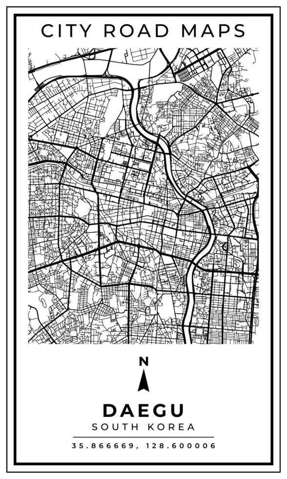 Monochrome Line Art Map of Daegu City South Korea, Illustration and home decoration vector