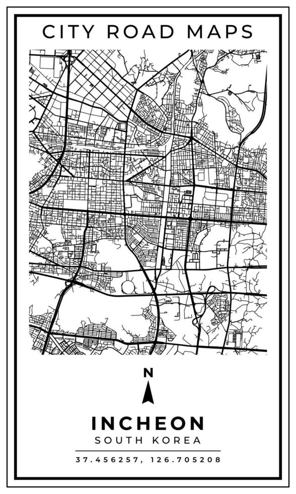 Monochrome Line Art Map of Incheon City South Korea, Illustration and home decoration vector