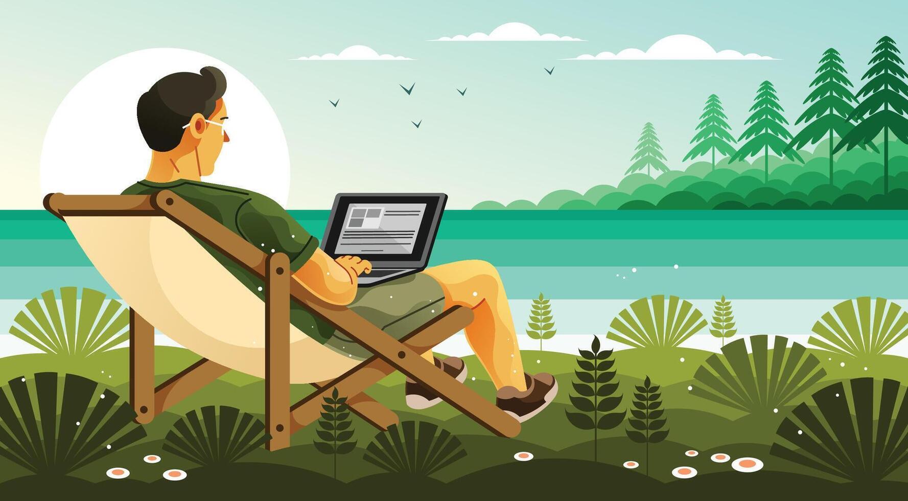 Enjoy Remote Working by the Lake Illustration vector