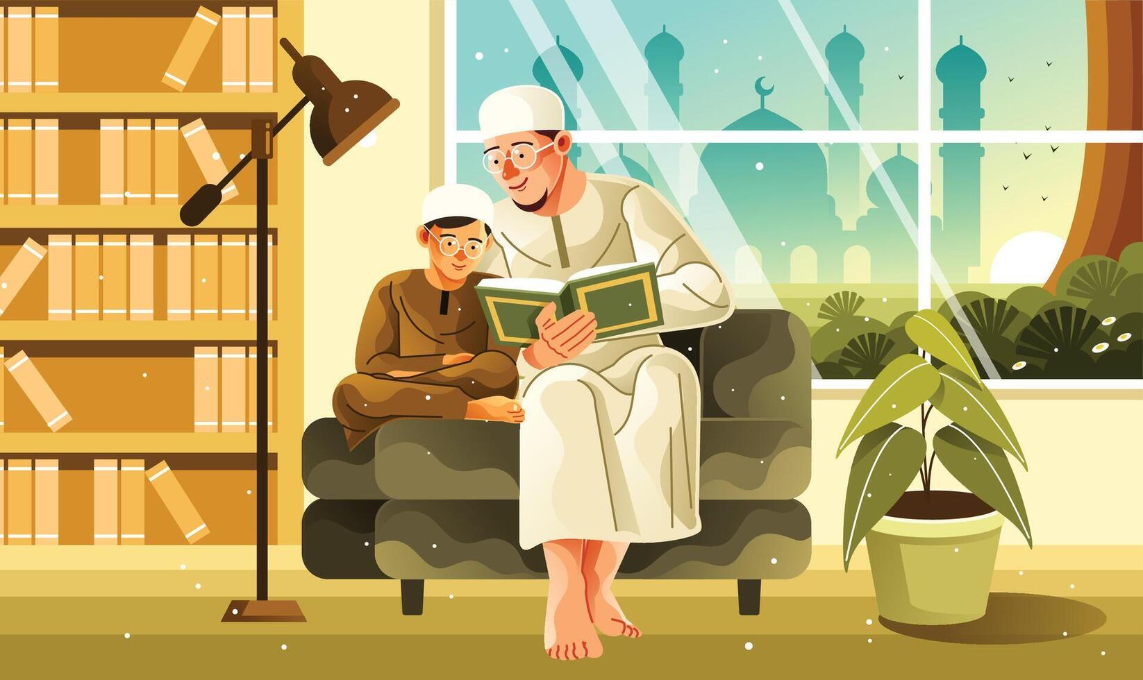 Passing Down Traditions - A Father and Child Quran Session vector