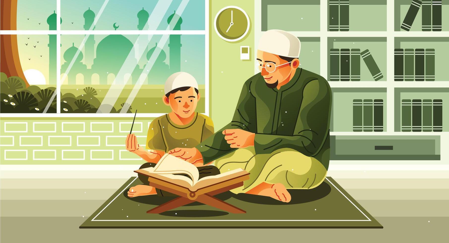 Muslim Father Teaching Quran to Son Illustration vector