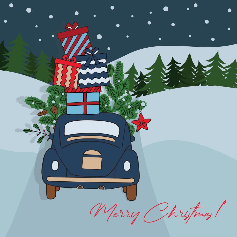 New Year illustration for Christmas with a car, a tree and gifts. Illustration in a drawing style. vector