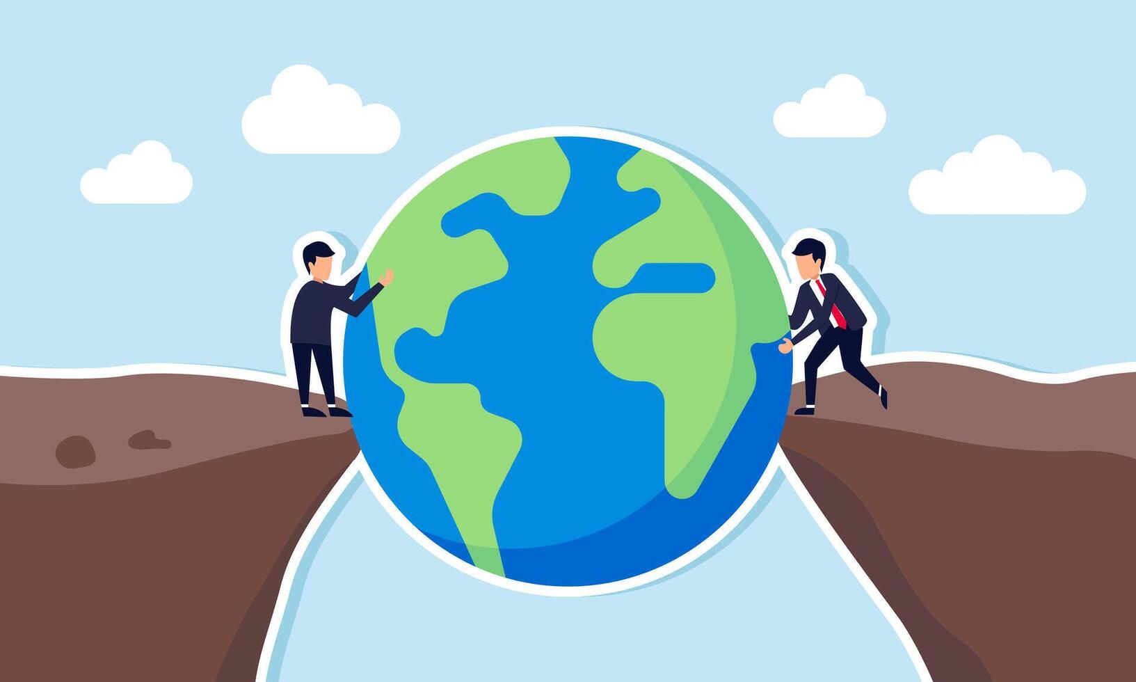 two businessmen standing at opposite ends of a cliff lifting a giant globe together, illustration of a joint venture to dominate the global market or international scale vector