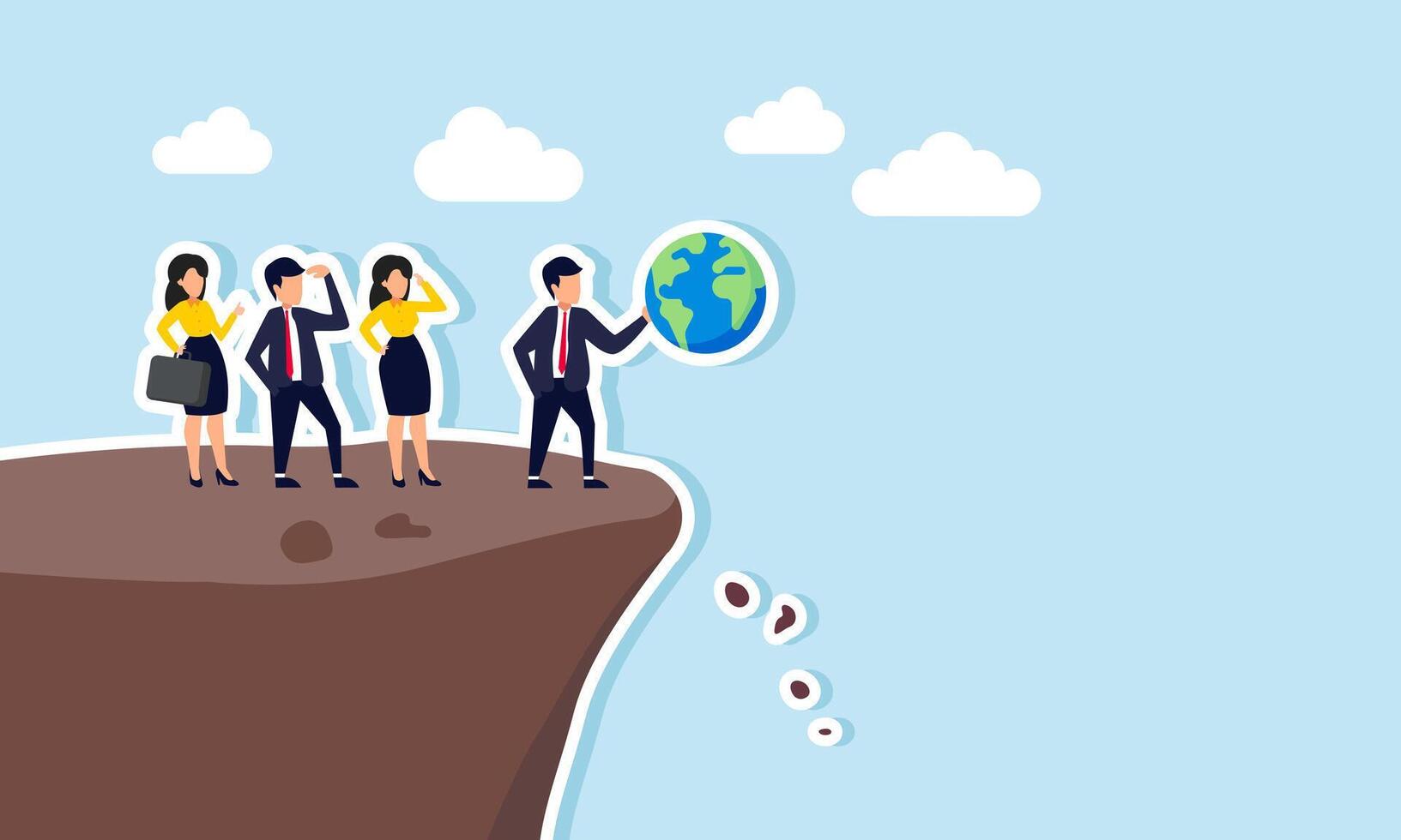 several businessmen watching a businessman holding a globe at the edge of a cliff, illustration of a business model endangering the world's sustainability by harming nature vector