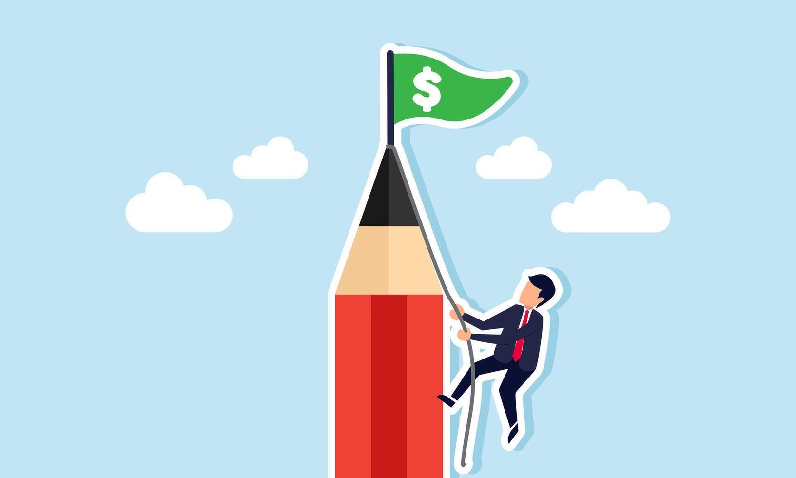 businessman climbing a pencil with a rope to reach the pencil top where a flag labeled dollar is, illustration of effort to gather business and investment assets vector