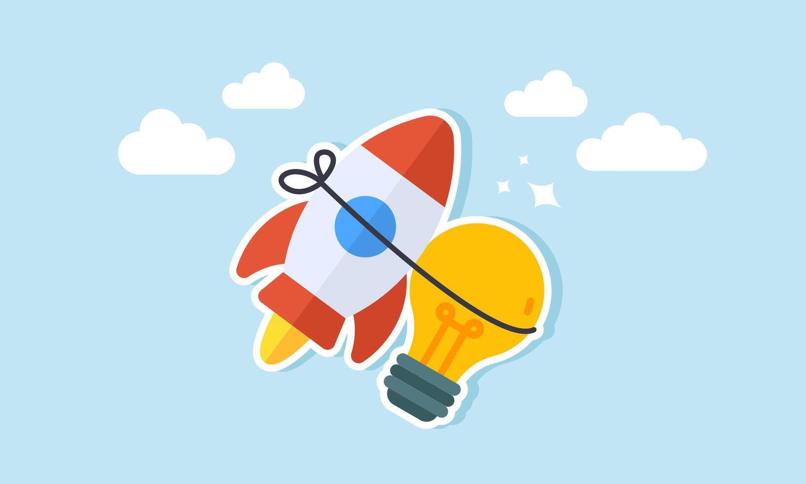 A light bulb tied with a rope to a rocket soaring into the sky, illustration of boosting business performance through ideas and innovation vector