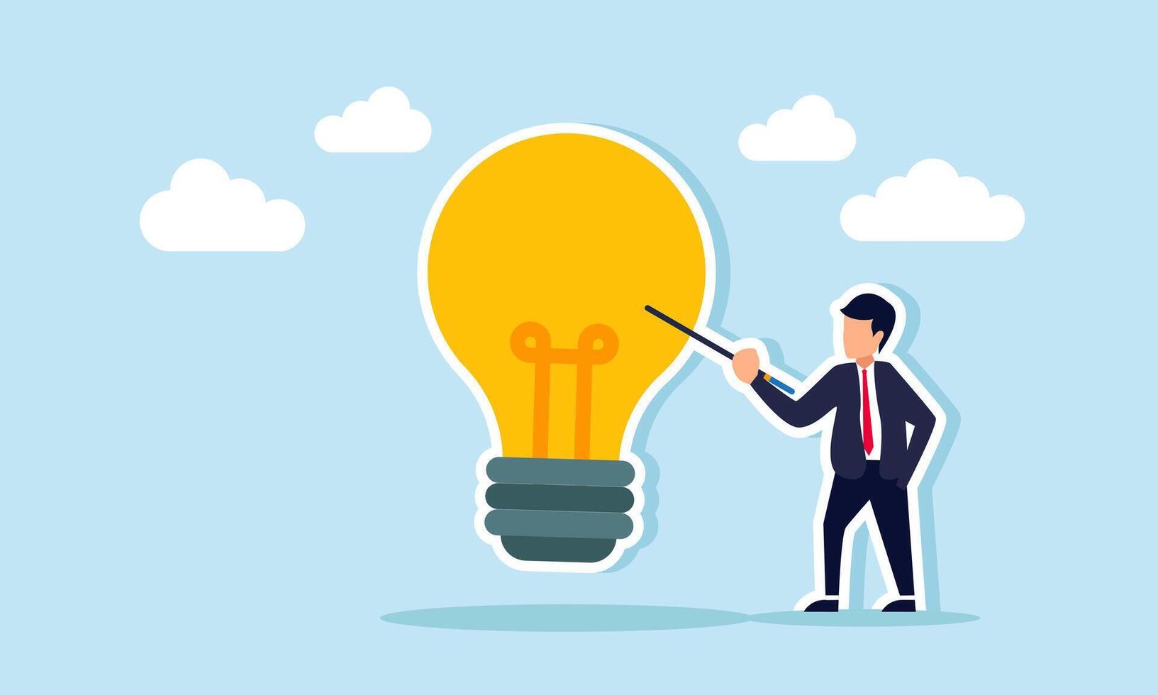 businessman holding a stick and pointing at a light, illustration of educating the importance of innovation in business for growth and development vector