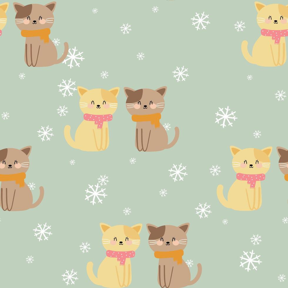 Seamless pattern cartoon cat with winter and christmas wallpaper for fabric print, gift wrap paper vector