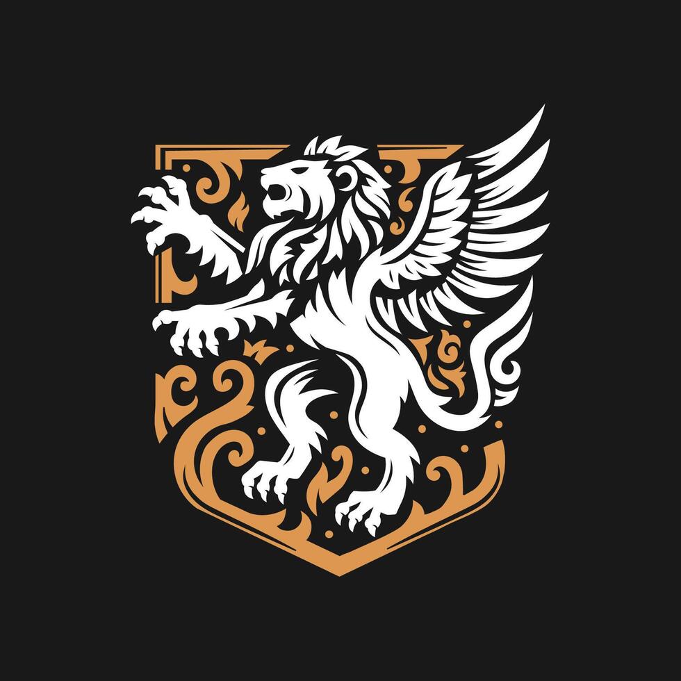 heraldic lion wings combine with ornament art shield background vector