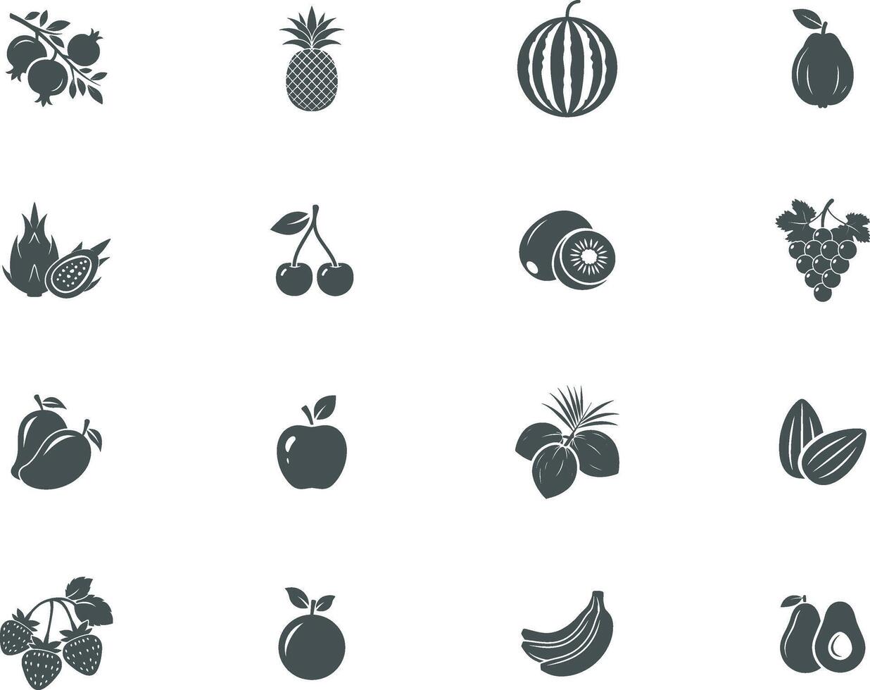 Set of 16 black and white fruits icons, including pomegranate, pineapple, watermelon, guava, dragon fruit, cherry, kiwi, grapes, mango, apple, coconut, almonds, and strawberries. Illustration vector