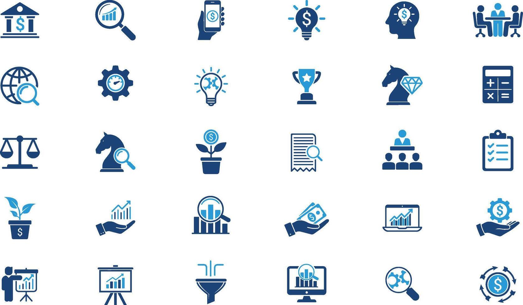 Set of 30 Business Strategy Icons depicting various business-related concepts, including finance, management, growth, strategy, and analysis. vector