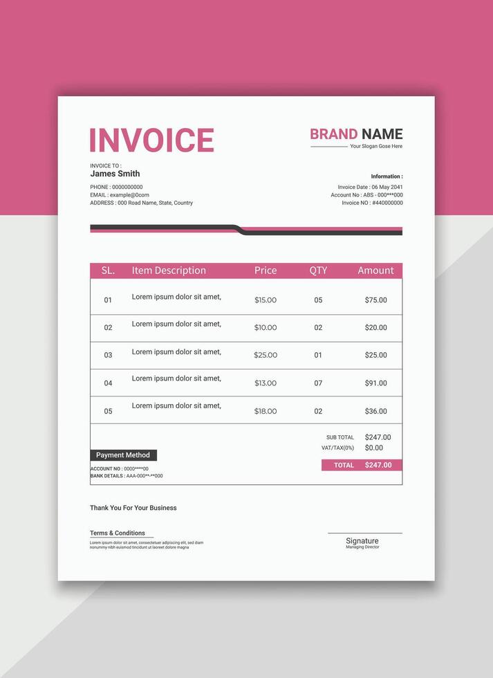 Elegant business invoice template design. Modern business invoice illustration. Money receipt or bill payment agreement template layout vector