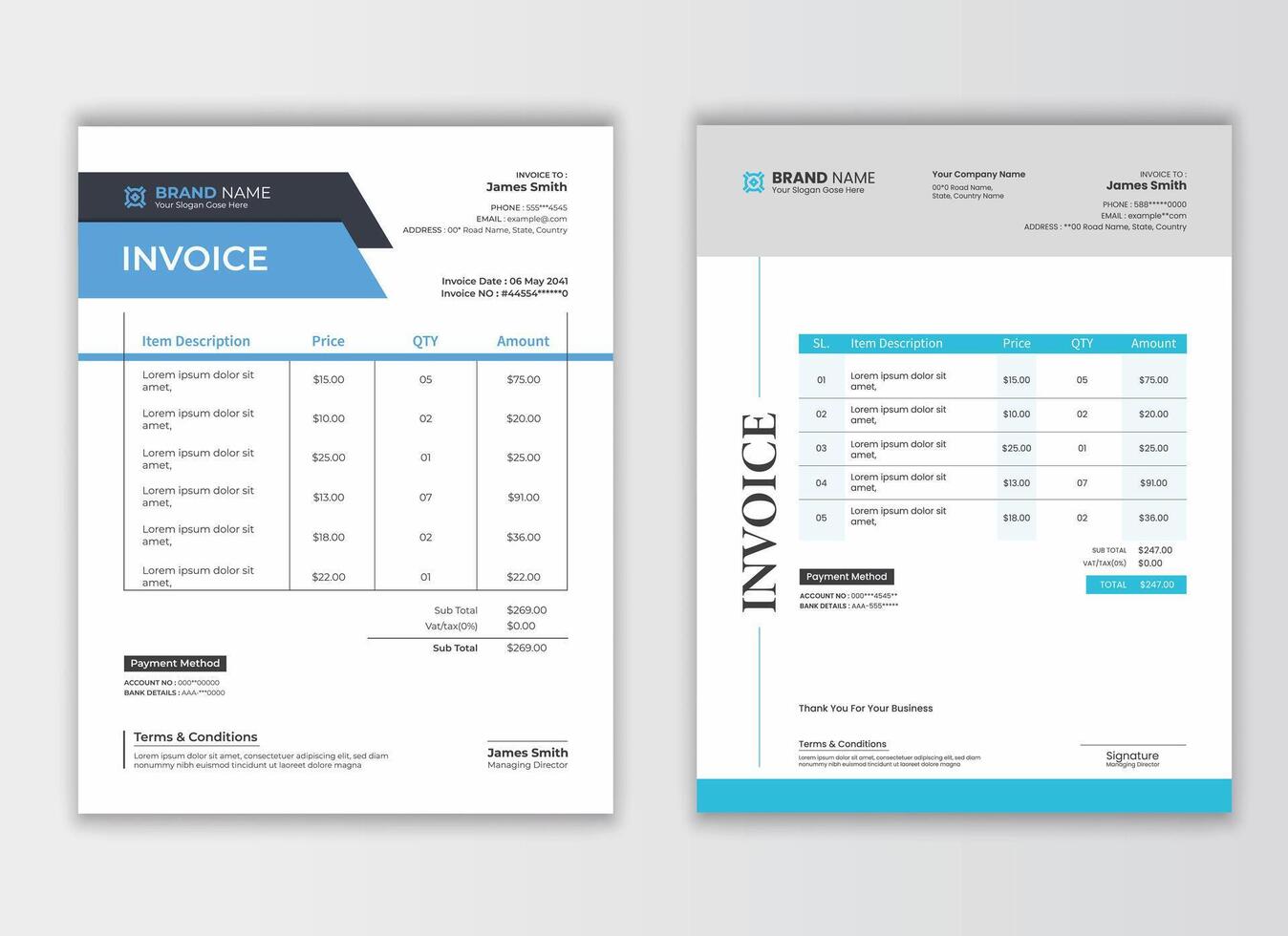 Modern business invoice template design bundle. Bill form business invoice . Corporate invoice template set, receipt tax or bill template vector