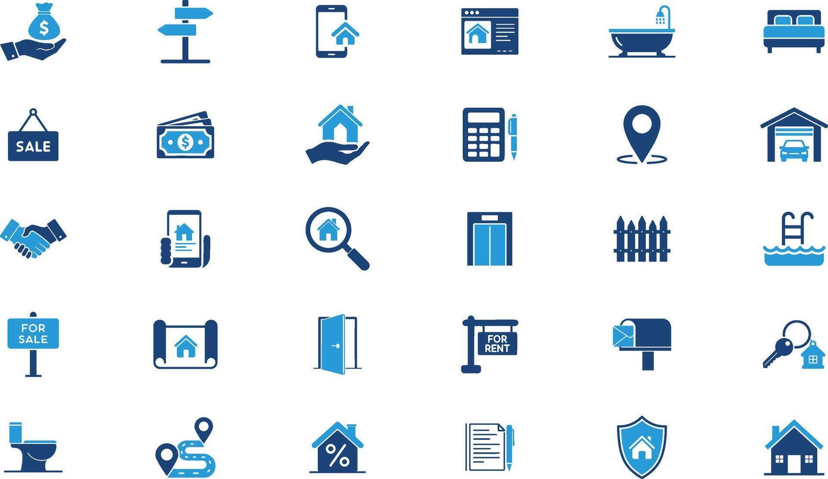 Set of blue and white Real Estate Icon Set represents real estate, buying, selling, renting, home features. Illustration vector