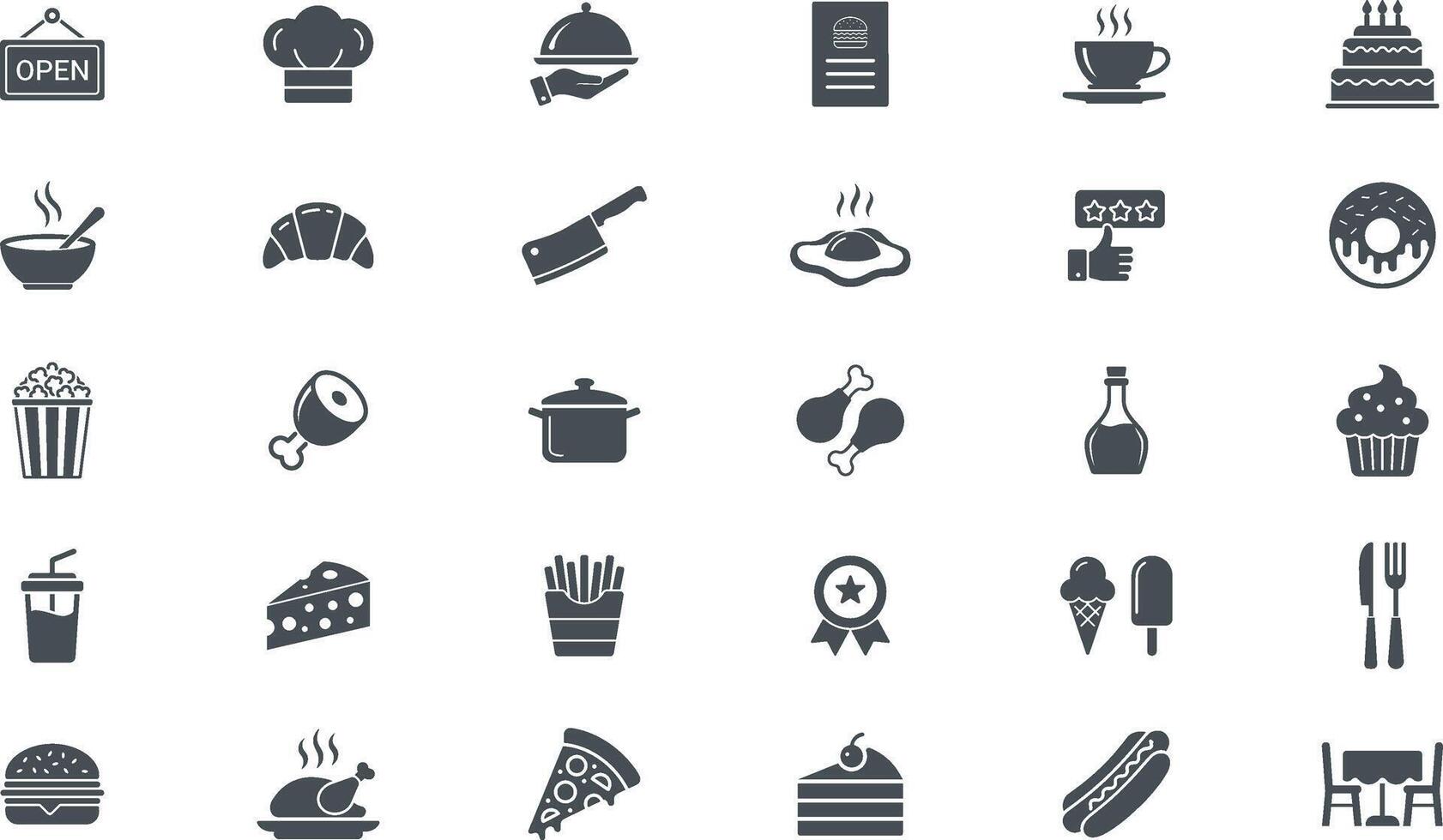 Set of a 30 black and white Restaurant Food Menu Icons Set. represent food items, beverages, kitchen utensils, and service elements related to restaurants. Illustration vector