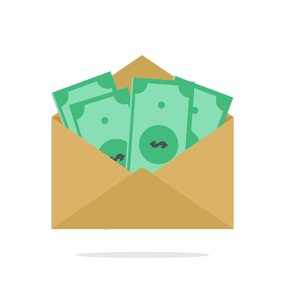 Opening an envelope containing money. Dollar bills. Salary, income and savings concept designed in flat cartoon style, isolated on white background. vector