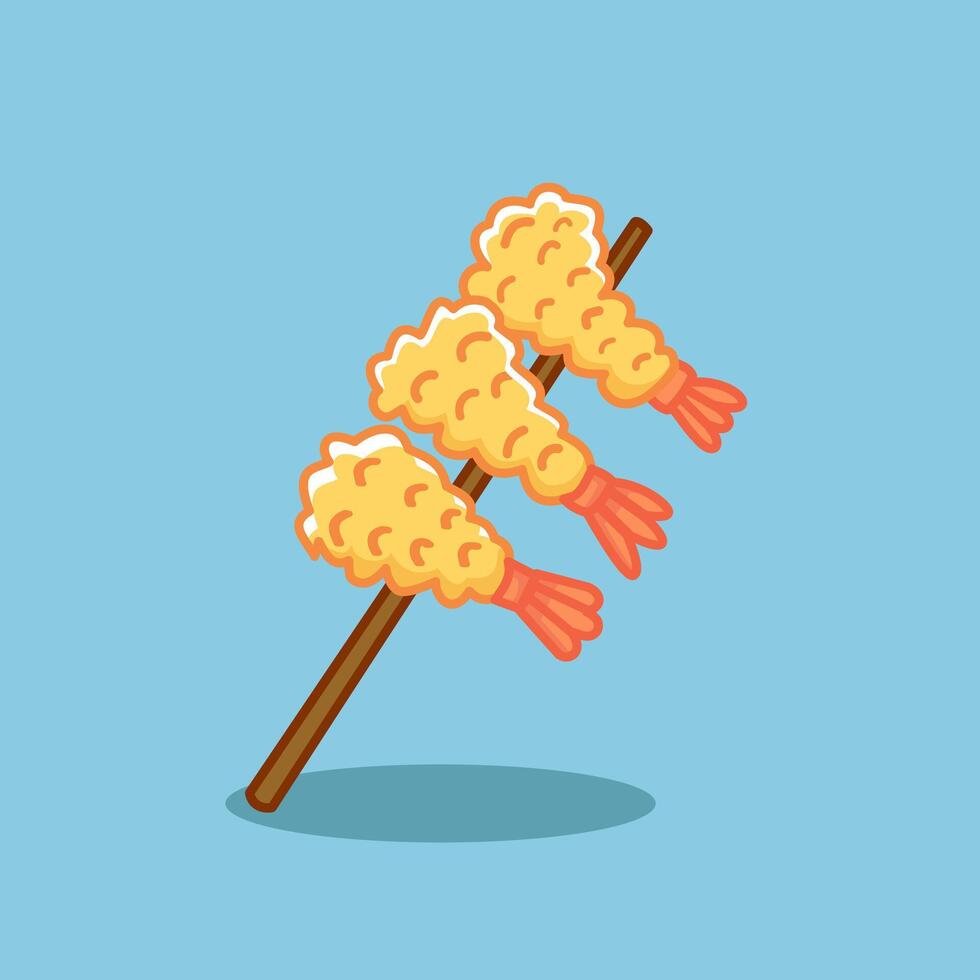 Shrimp tempura satay skewered using bamboo chopsticks designed in cartoon flat style. illustration. Shrimp satay icon. Caridea. vector