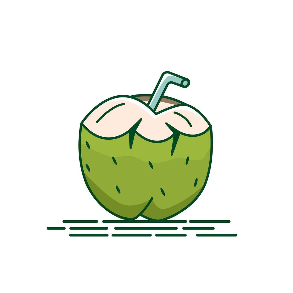 Icon of green coconut drink with pipette isolated on white background. Green coconut illustration. Cocos nucifera. vector
