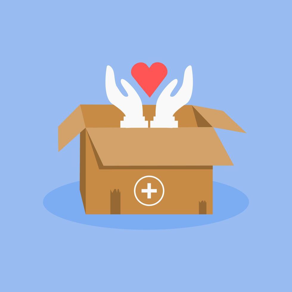 Eelement illustration of a humanitarian donation cardboard box designed in a cartoon flat style. Help box icon, health contribution box. vector