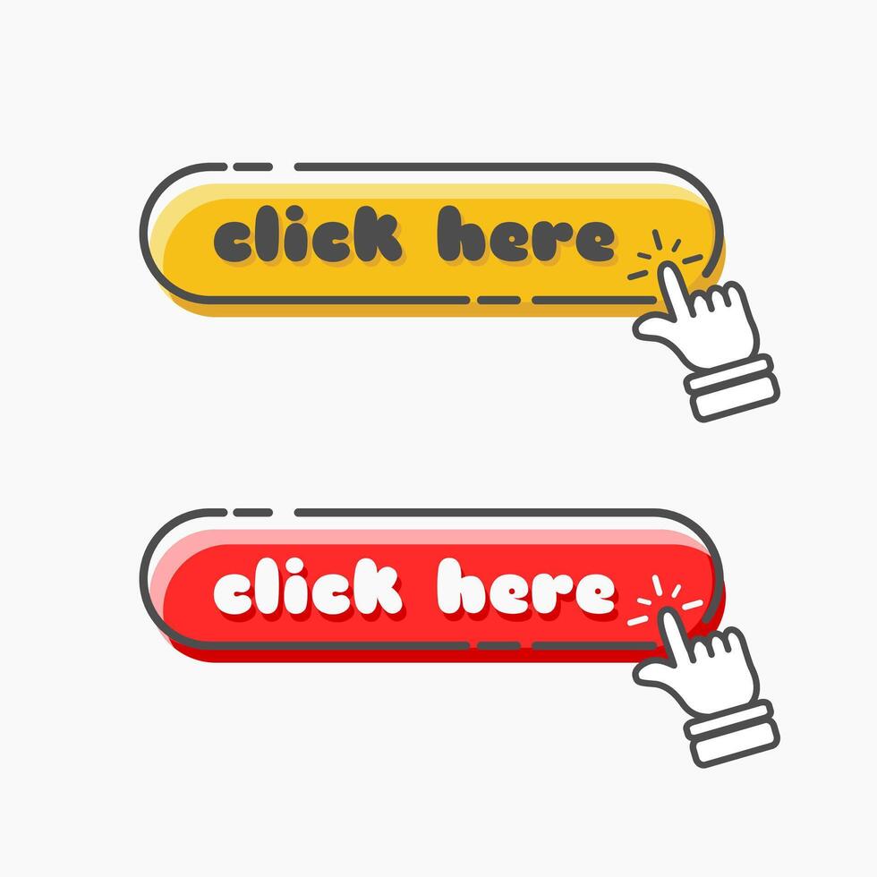 Click here web button with hand cursor designed in cartoon flat style. Computer mouse click cursor or hand pointing symbol. Click button. vector