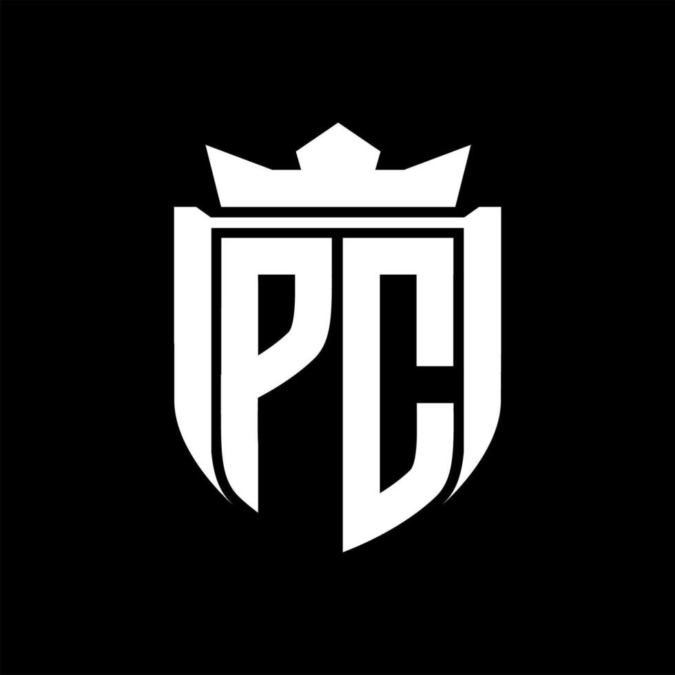 PC Letter logo shield shape inside shield badge crown on black background template design vector