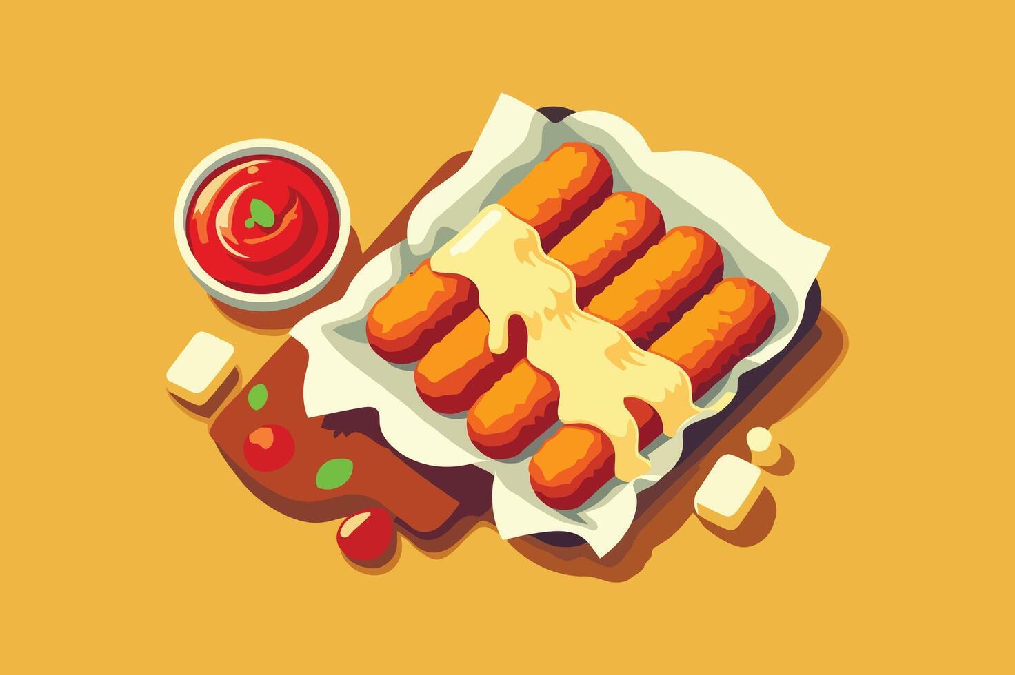 Food Sticks on a Tray With Sausage Illustration in a Yellow Background. vector