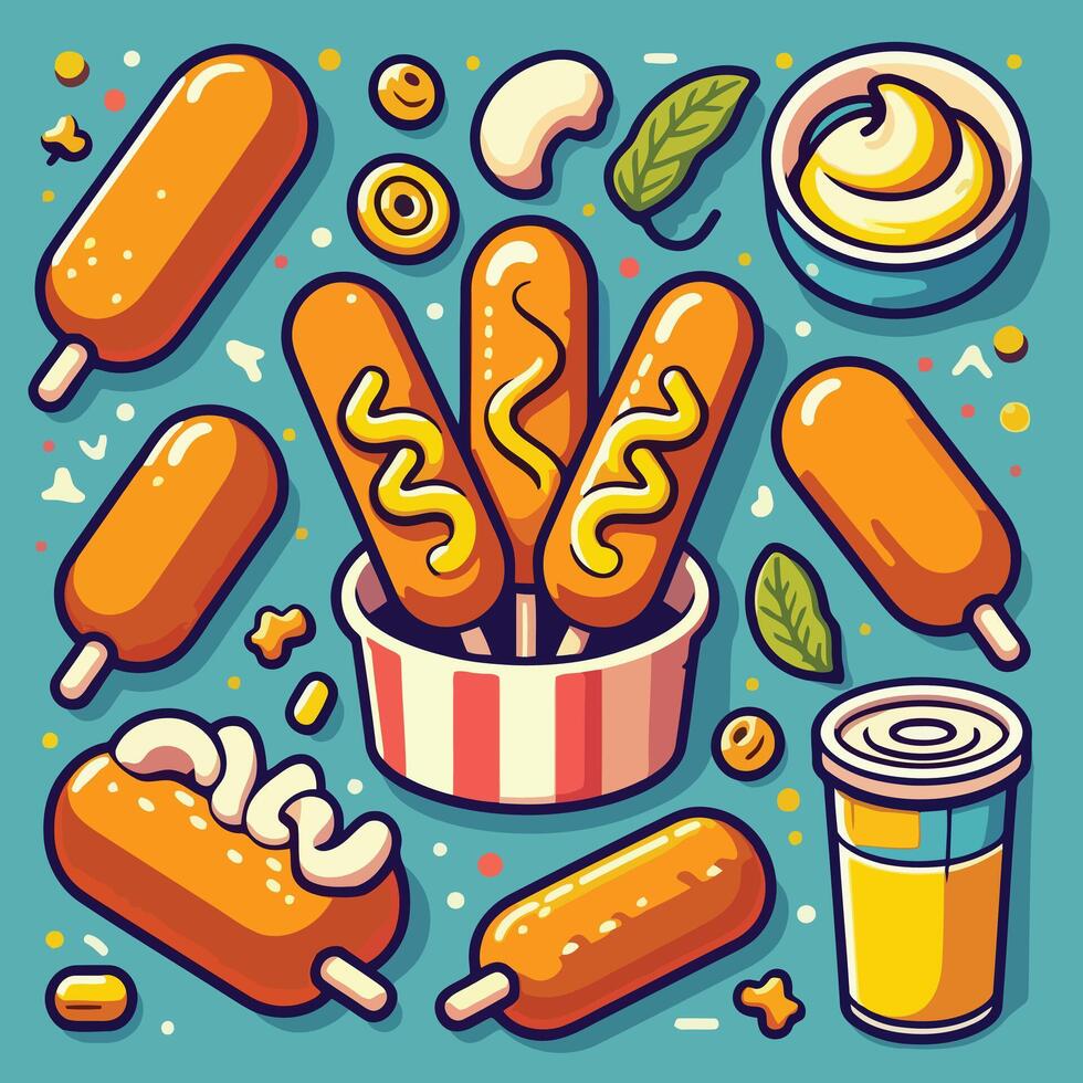 Hot dogs and other food items in a bowl vector