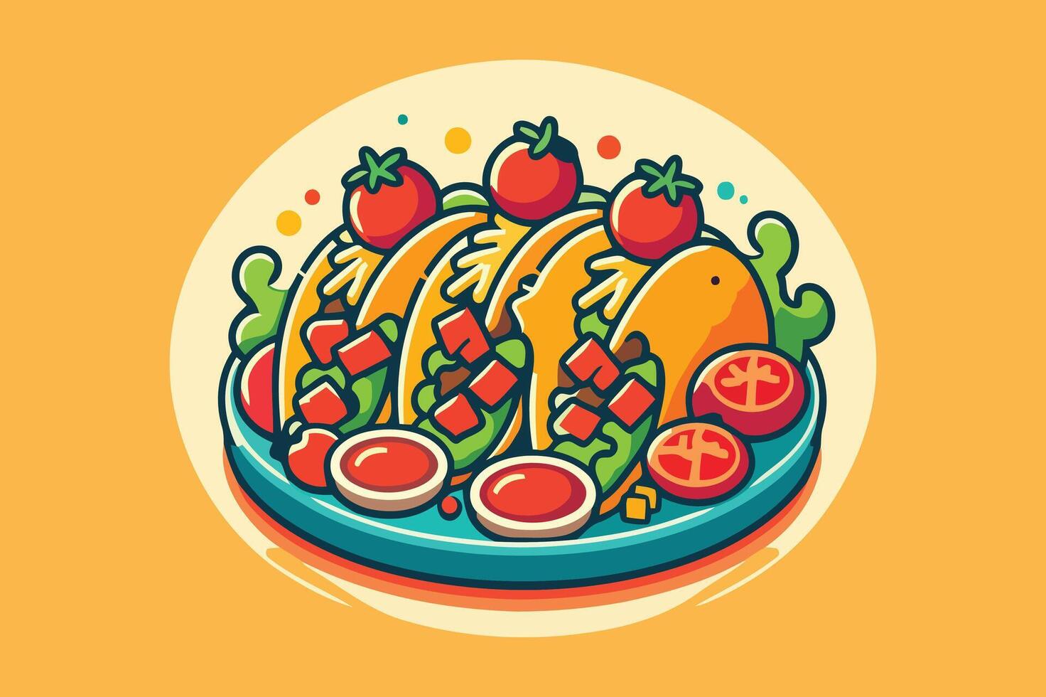 Tomato Tacos With Meat and Vegetables on a Plate. vector