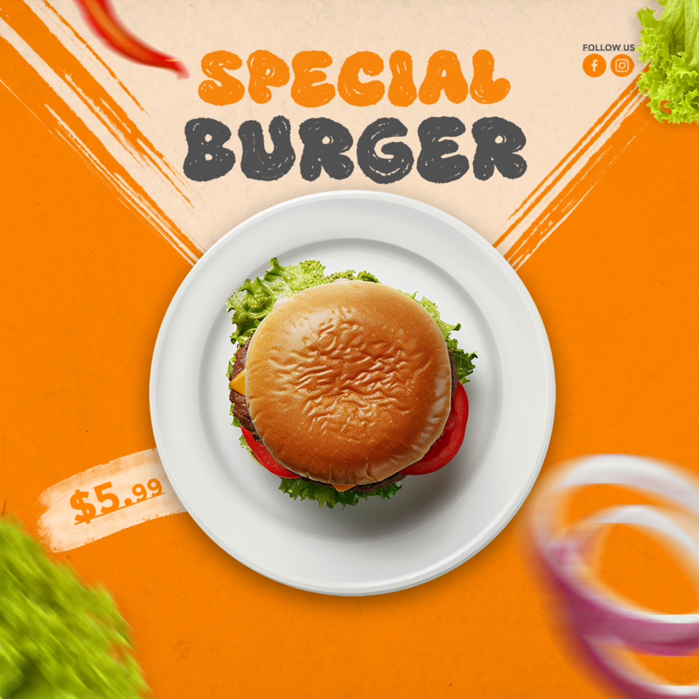 Food menu and special burger social media post template psd