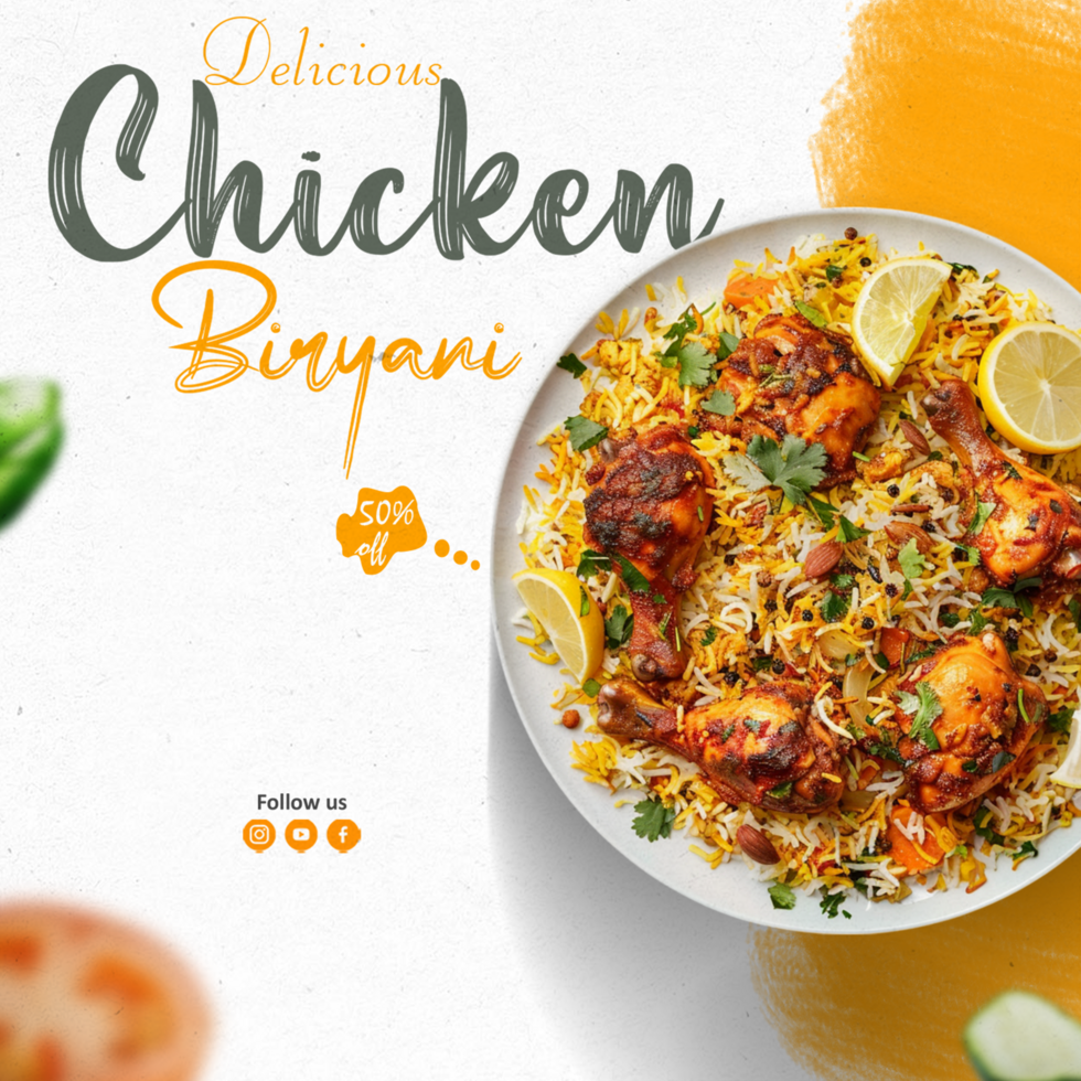 Delicious indian food menu and chicken biryani social media post and web banner template psd