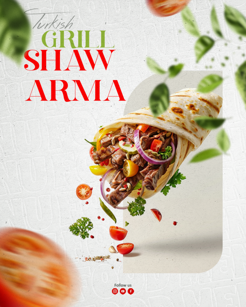 Arabic food social media template of delicious shawarma psd