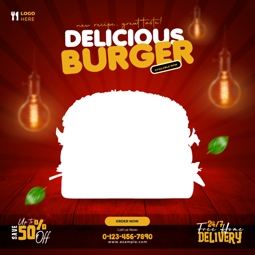 Social Media Banner Design Template for Delicious Burger in Square Size psd