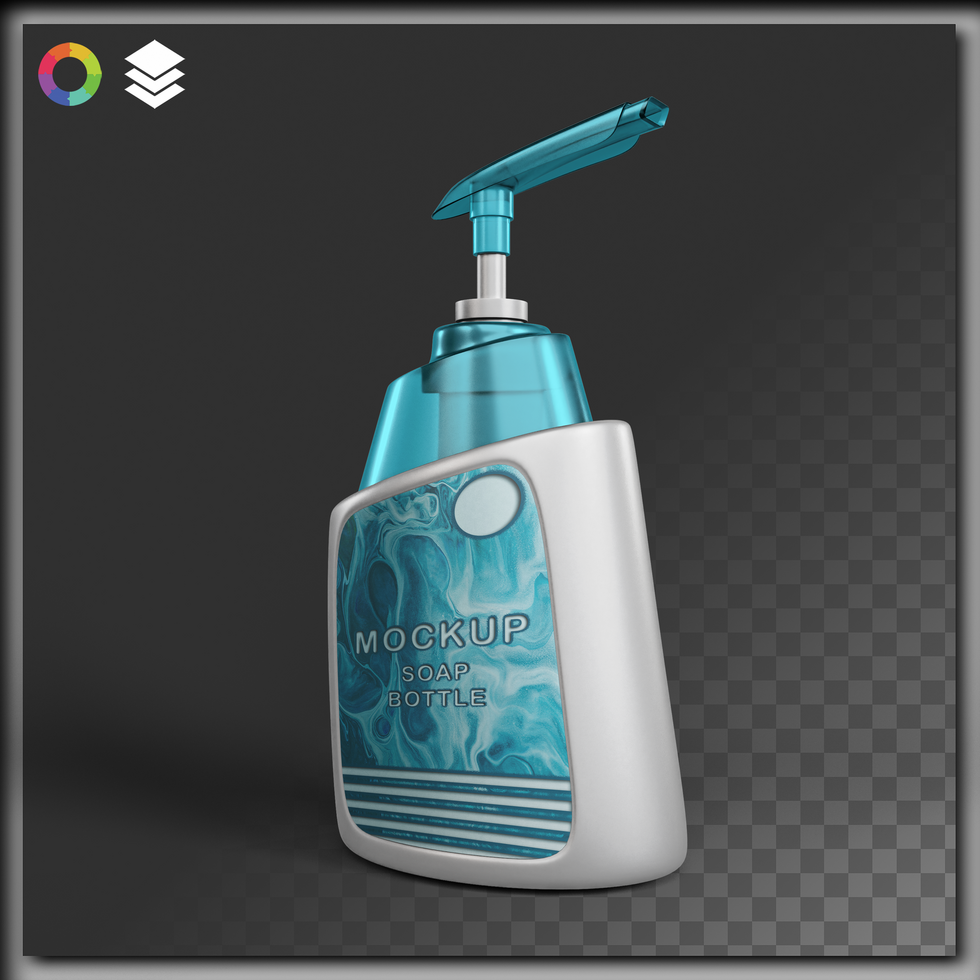 Realistic 3D Mockup Soap Bottle - Free Front 15 Degrees View, Fully Editable, Transparent Background psd