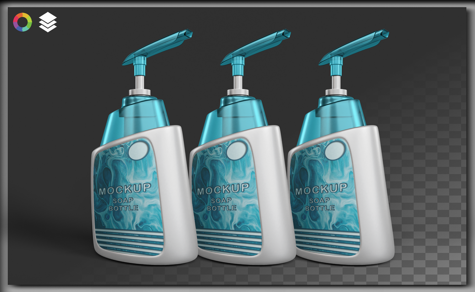 3D Realistic Rendering Soap Bottle Mockup - 3 Variations, Front 15 Degrees Crooked View, Transparent Background psd