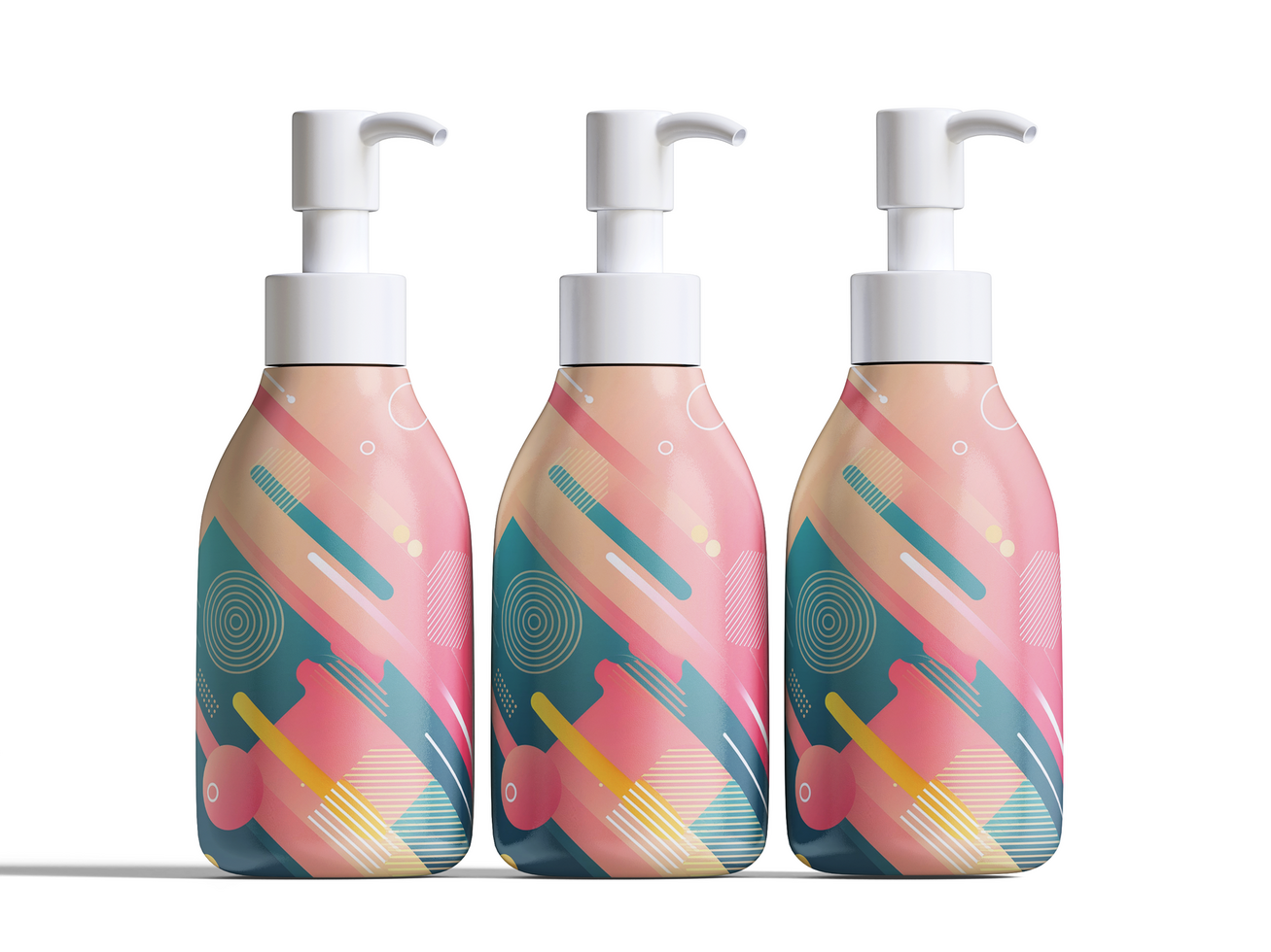 Three stand pump bottle shampoo, cosmetic, soap and etc psd