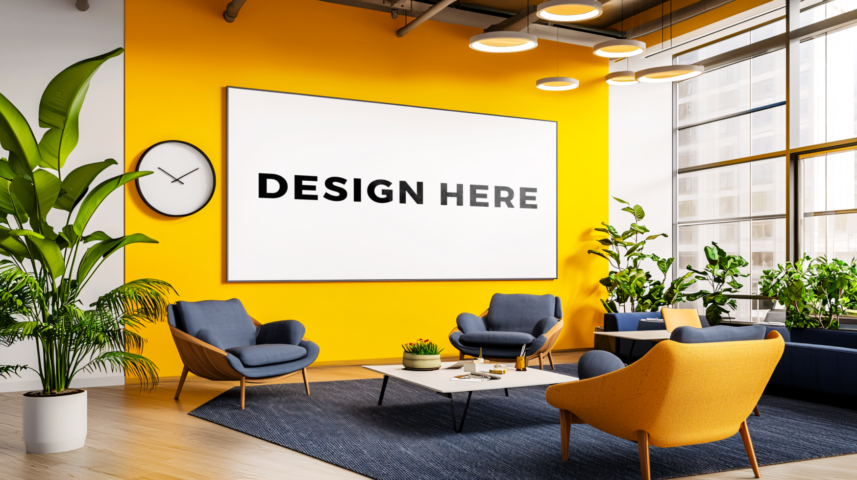 Large frame mockup in modern office for branding and design placement psd