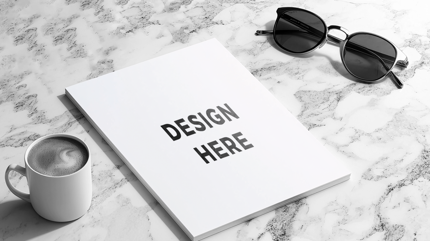 Magazine cover mockup on marble countertop with coffee cup and sunglasses psd