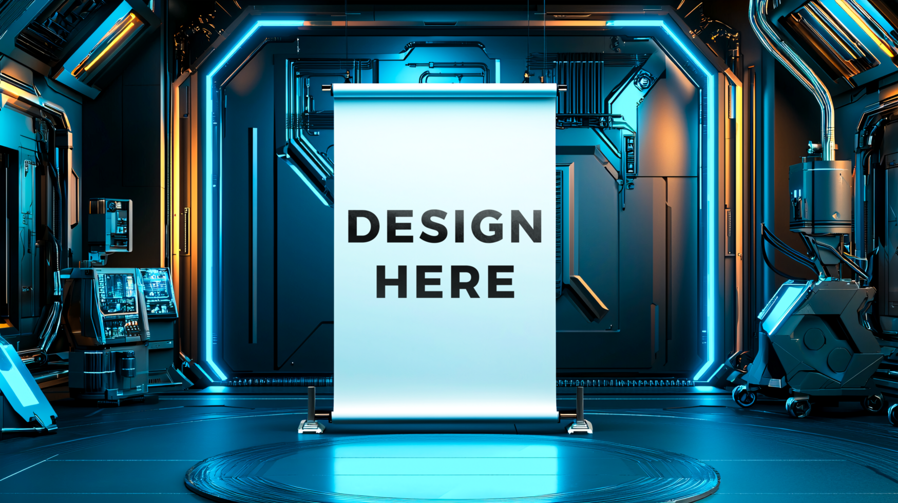 Roll up banner mockup displayed in tech expo for branding and promotion psd