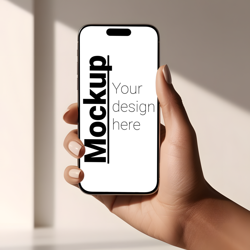 Stylish Phone Display Mockup in Womans Hand on Light Minimalist Background psd