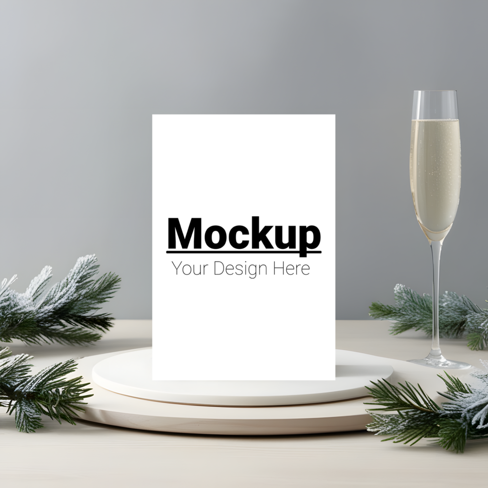Festive Card Mockup with Champagne and Frosted Pine Branches psd