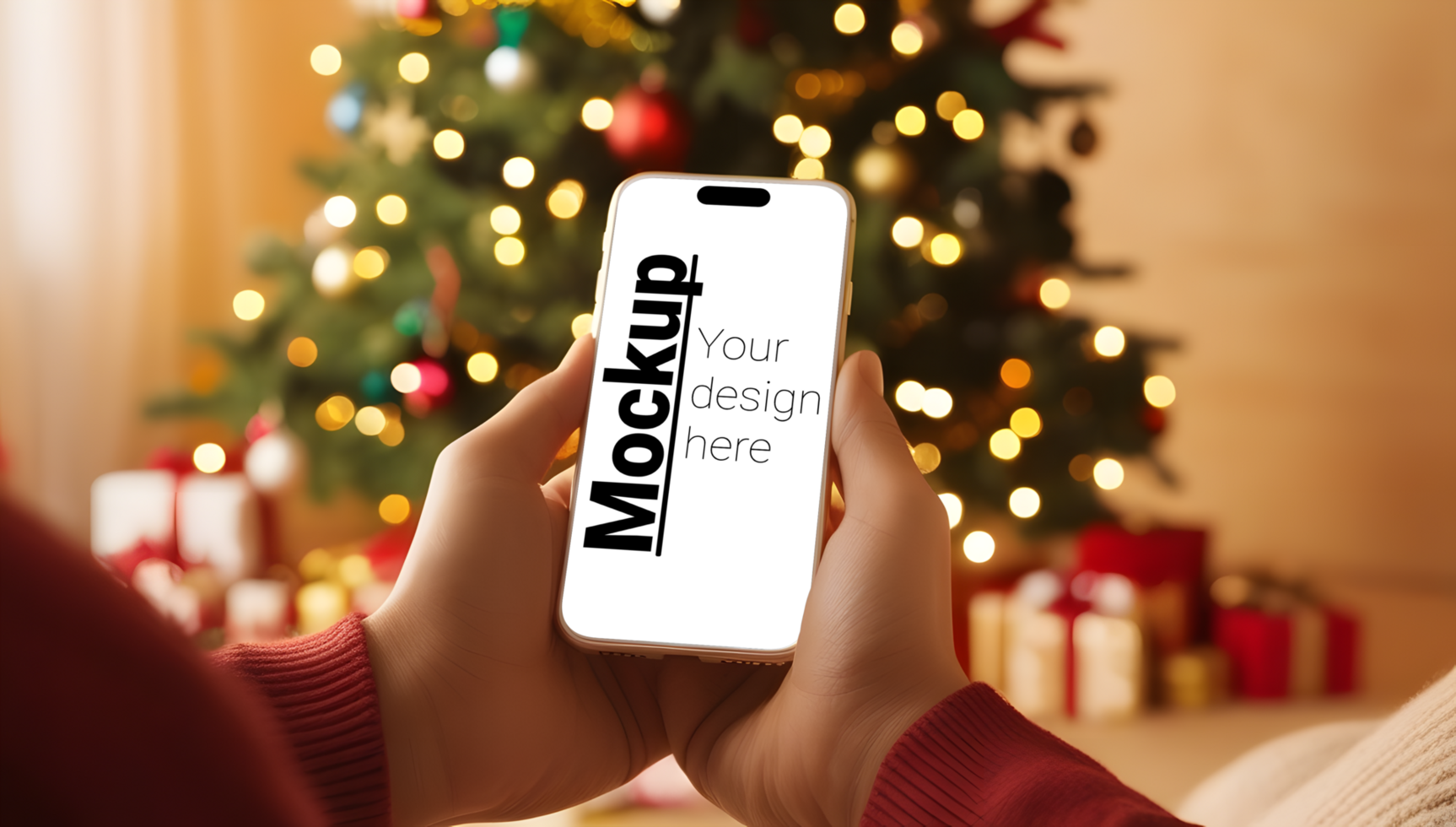 Cozy Christmas Phone Mockup with Tree and Presents psd