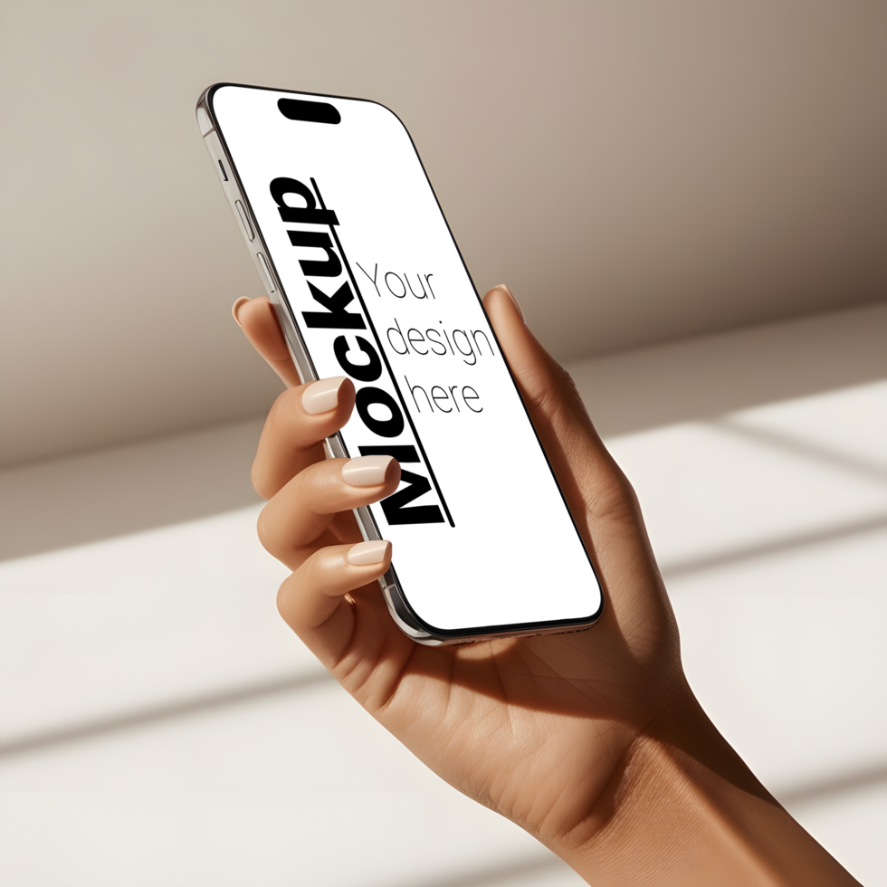 Sleek Phone Mockup Held by Woman on Subtle Light Backdrop psd