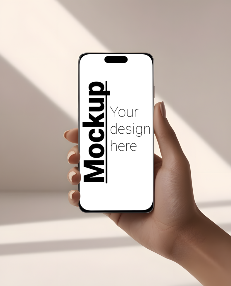 Contemporary Phone Display Mockup in Womans Hand with Light Backdrop psd