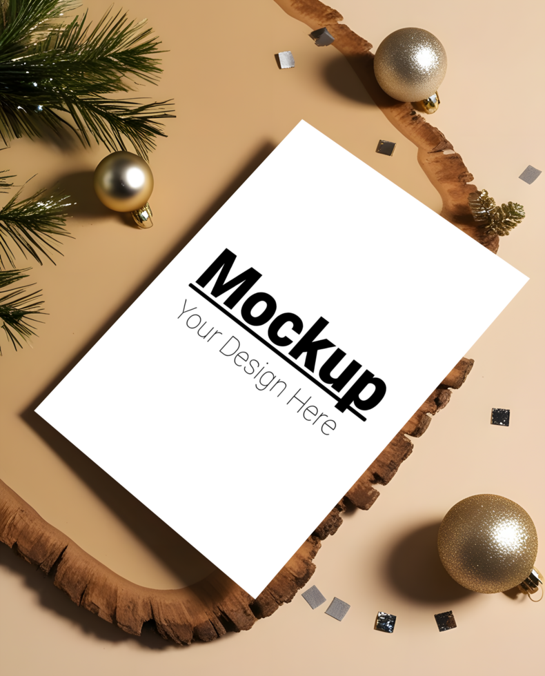 Christmas Card Mockup with Holly Berries and Minimal Plate Backdrop psd