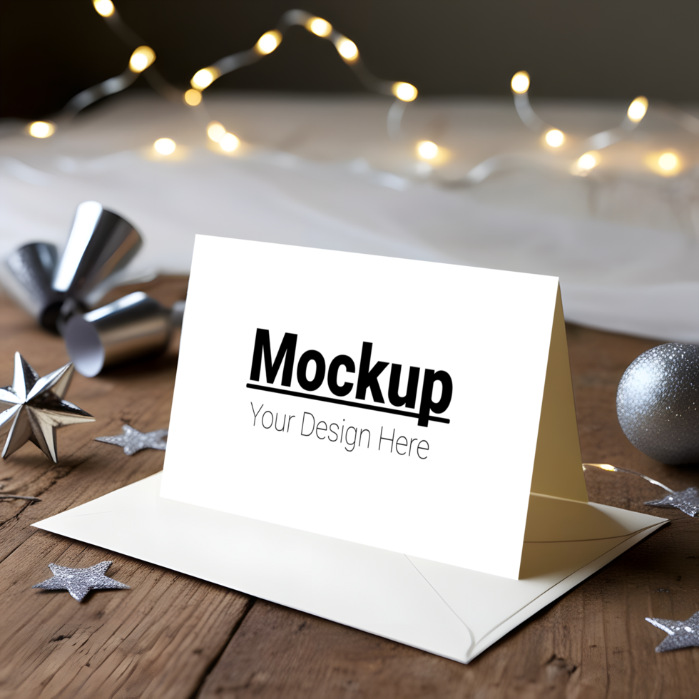 Festive Christmas Card Mockup with Star Decor and Fairy Lights psd
