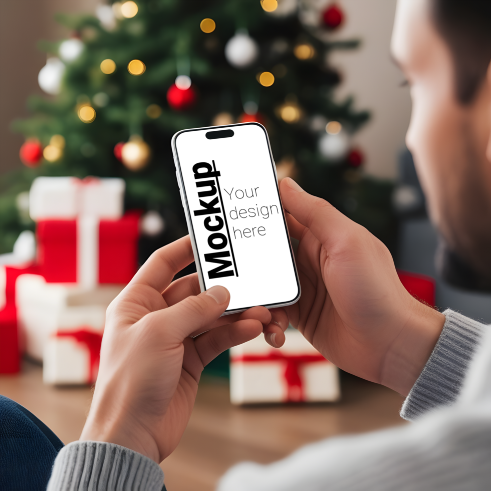 Phone Display in Festive Setting with Tree and Presents psd