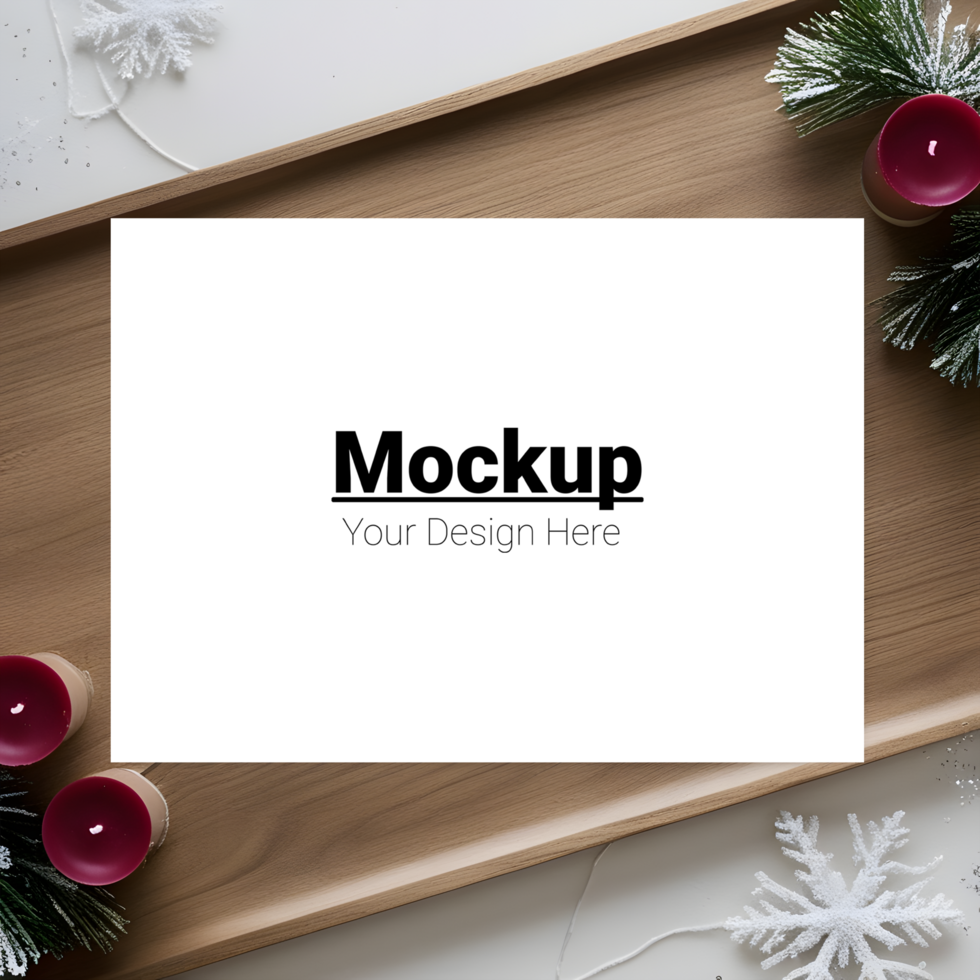 Holiday Card Mockup with Holly Berries on Minimal Plate psd
