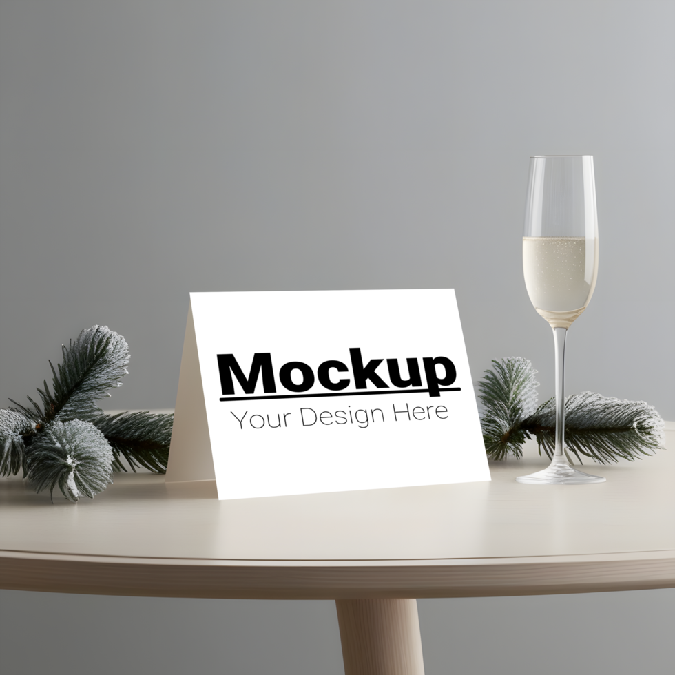 Elegant Christmas Card Mockup with Champagne Glass and Frosted Pine Branches psd