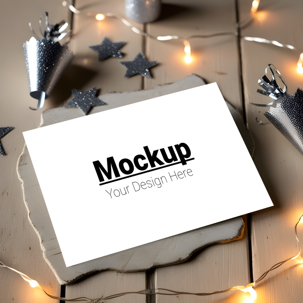 Holiday Card Mockup with Star Accents and Glowing Fairy Lights psd