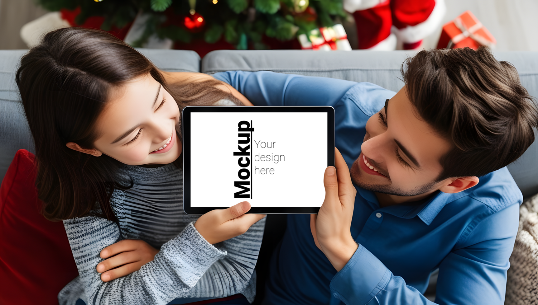 Tablet Mockup with Couple by Festive Christmas Tree psd